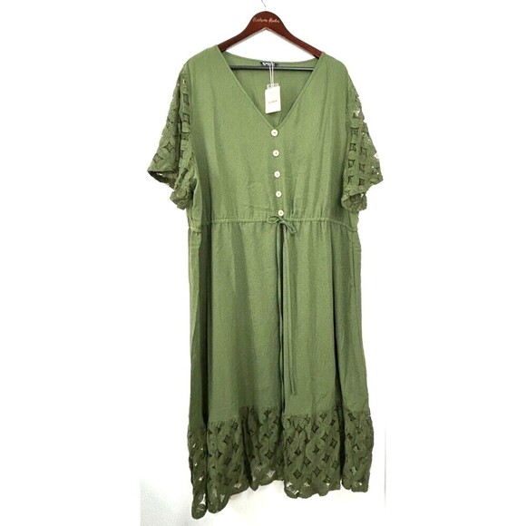 Bloomchic Women 26 4X Army Green Midi Dress Lace Short Sleeve Tiered Button Up - Picture 2 of 12